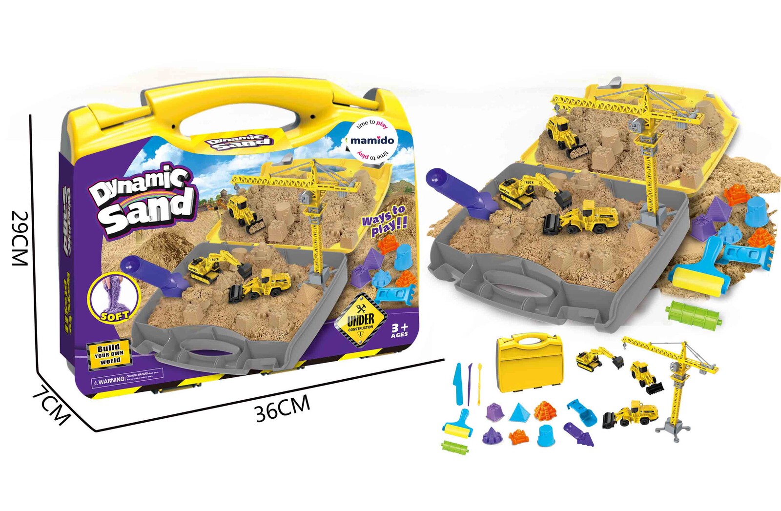 Mamido Mamido Kinetický písek se stavebními stroji a jeřábem v kufříku