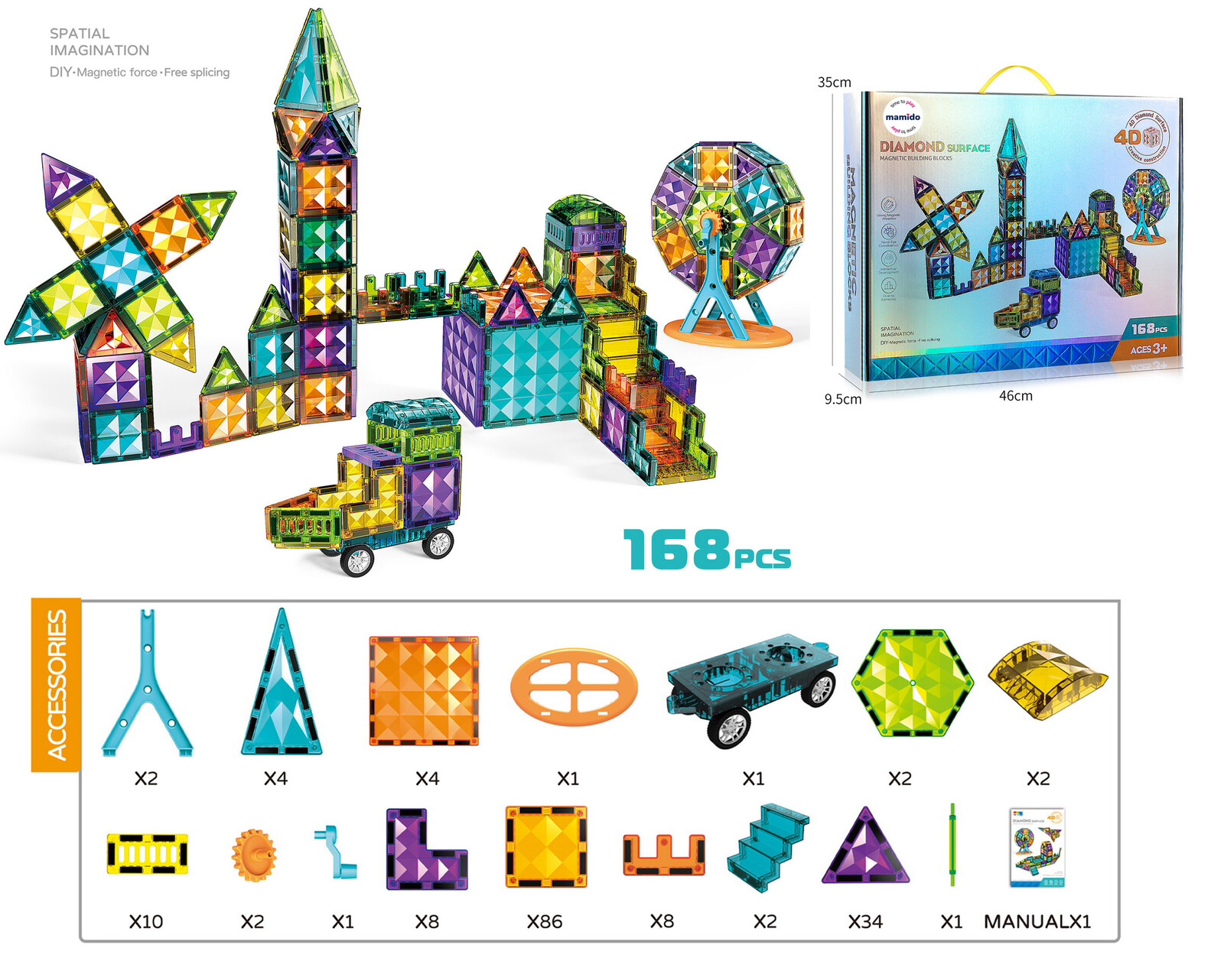 Mamido Mamido Magnetická stavebnice 168 dílů Diamond 4D MT1238