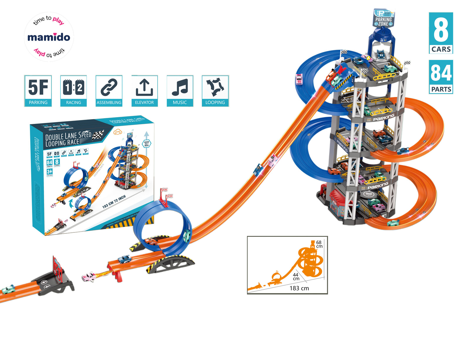 Mamido Mamido Patrové parkoviště - pět pater, výtah, zvuky a dráha se smyčkou 183 cm