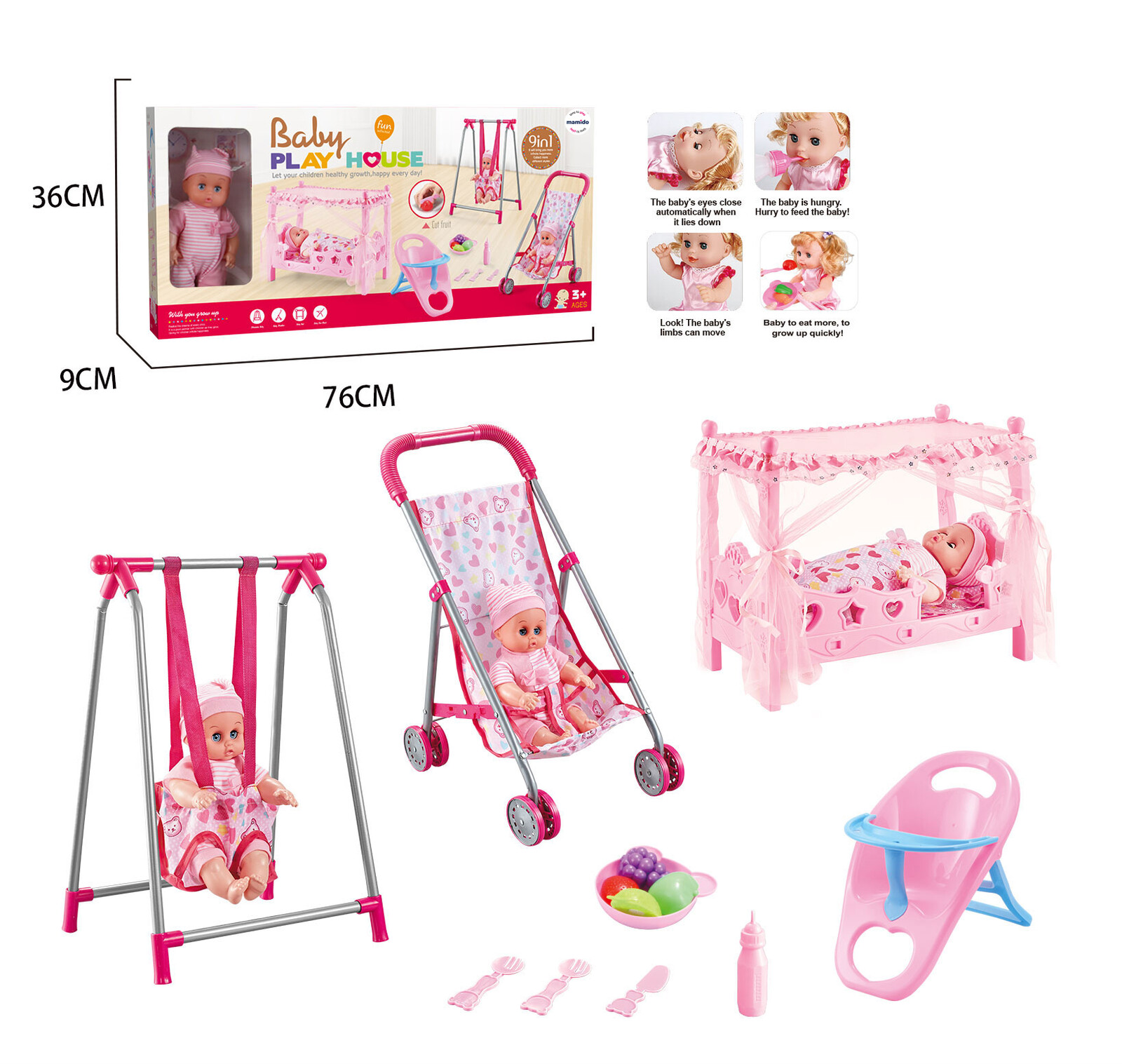 Mamido Mamido Dětská sada pro panenku 9v1 - panenka, kočárek, postýlka, židlička, houpačka a doplňky