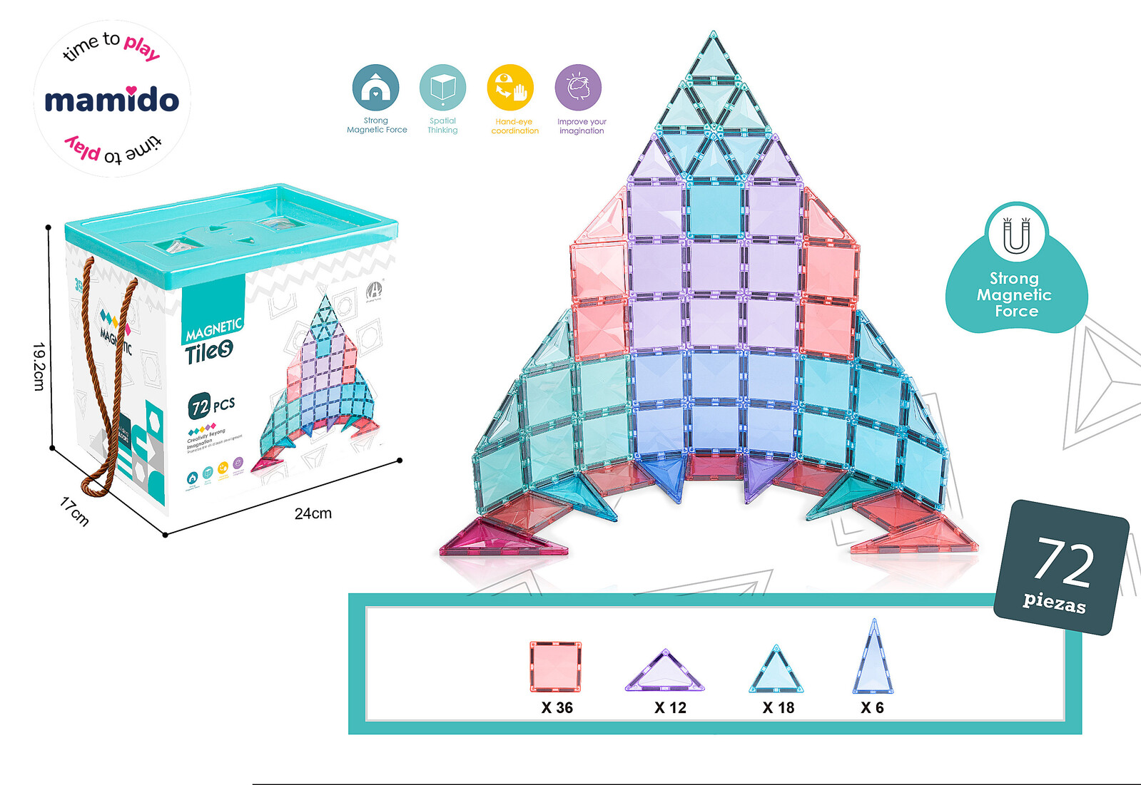 Mamido Mamido Barvená magnetická stavebnice 72 dílů v boxu Pyramida MT1222