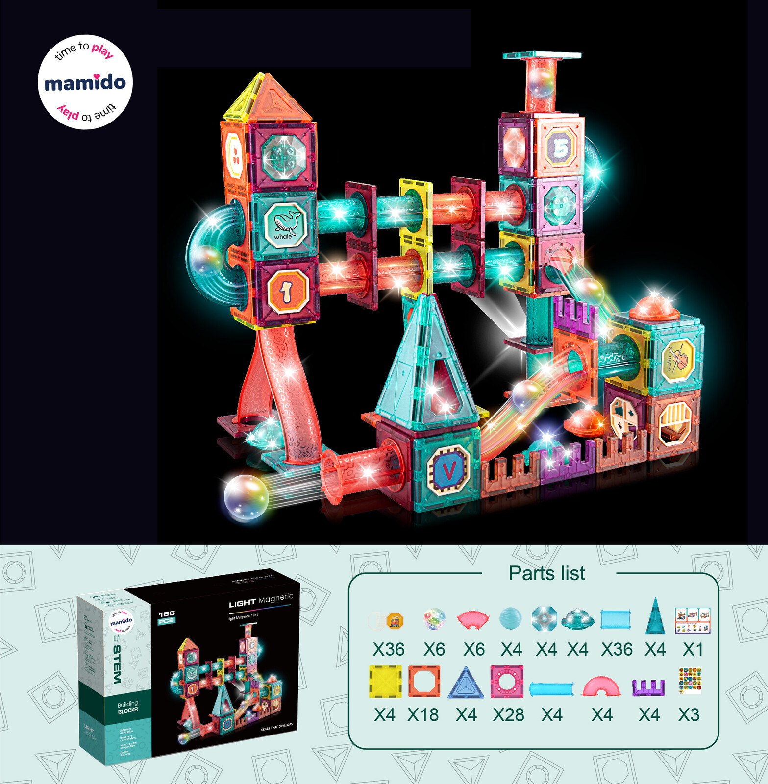 Mamido Mamido Barvená magnetická stavebnice s kuličkovou dráhou 166 dílů MT1223