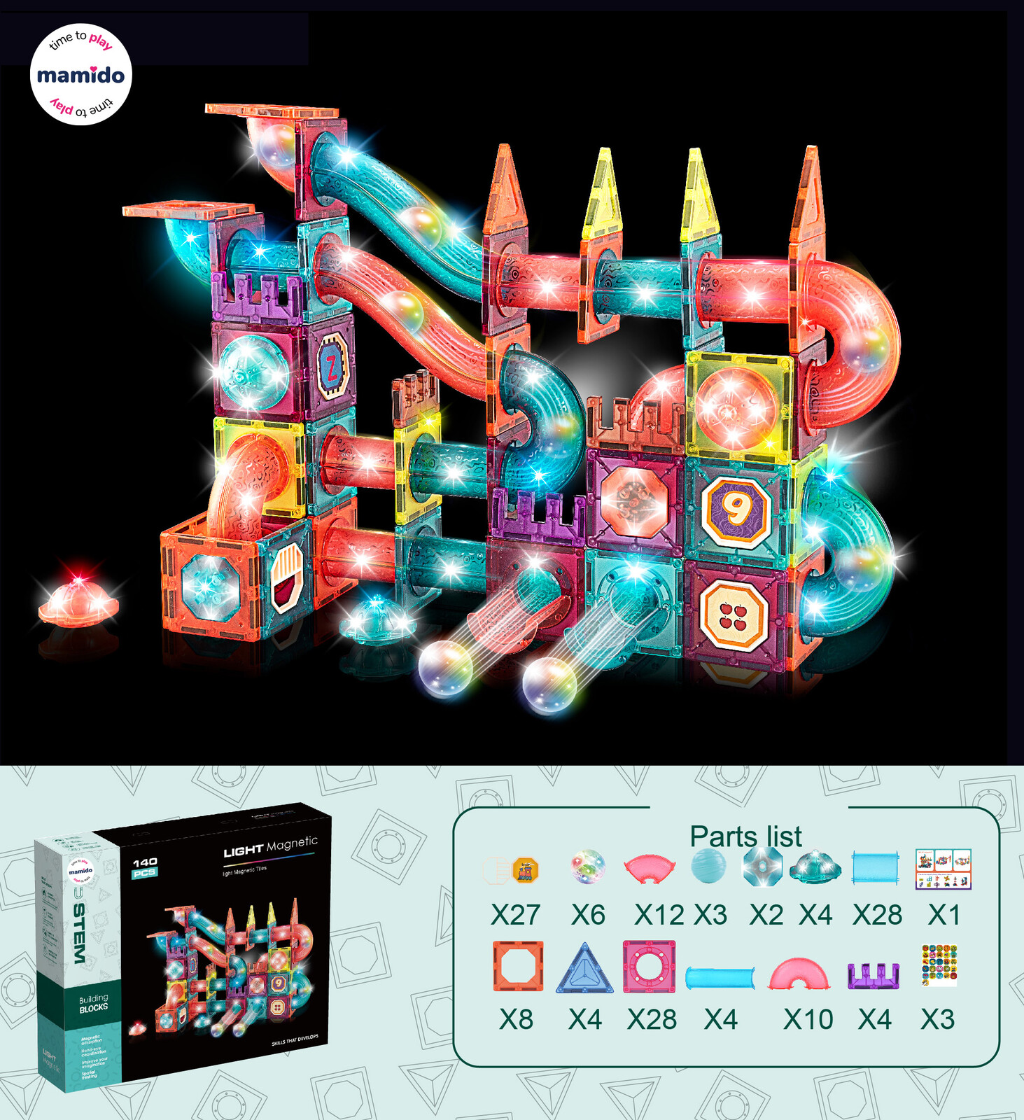 Mamido Mamido Barvená magnetická stavebnice s kuličkovou dráhou 140 dílů MT1224