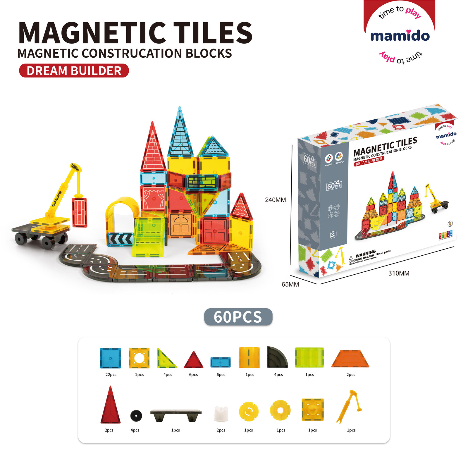 Mamido Mamido Magnetická stavebnice dopravní město 60 dílů, cesta, jeřáb MT1495