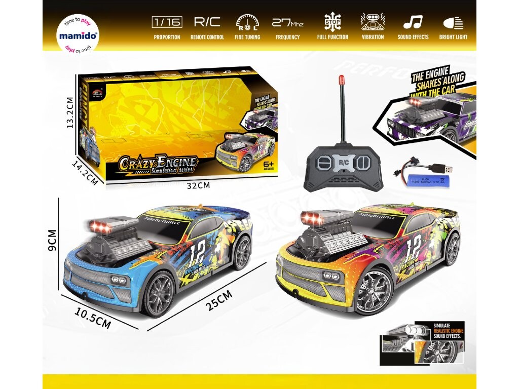 Mamido Mamido Auto na dálkové ovládání Crazy Engine 1:16 s vibracemi, světly a zvukem modré RC