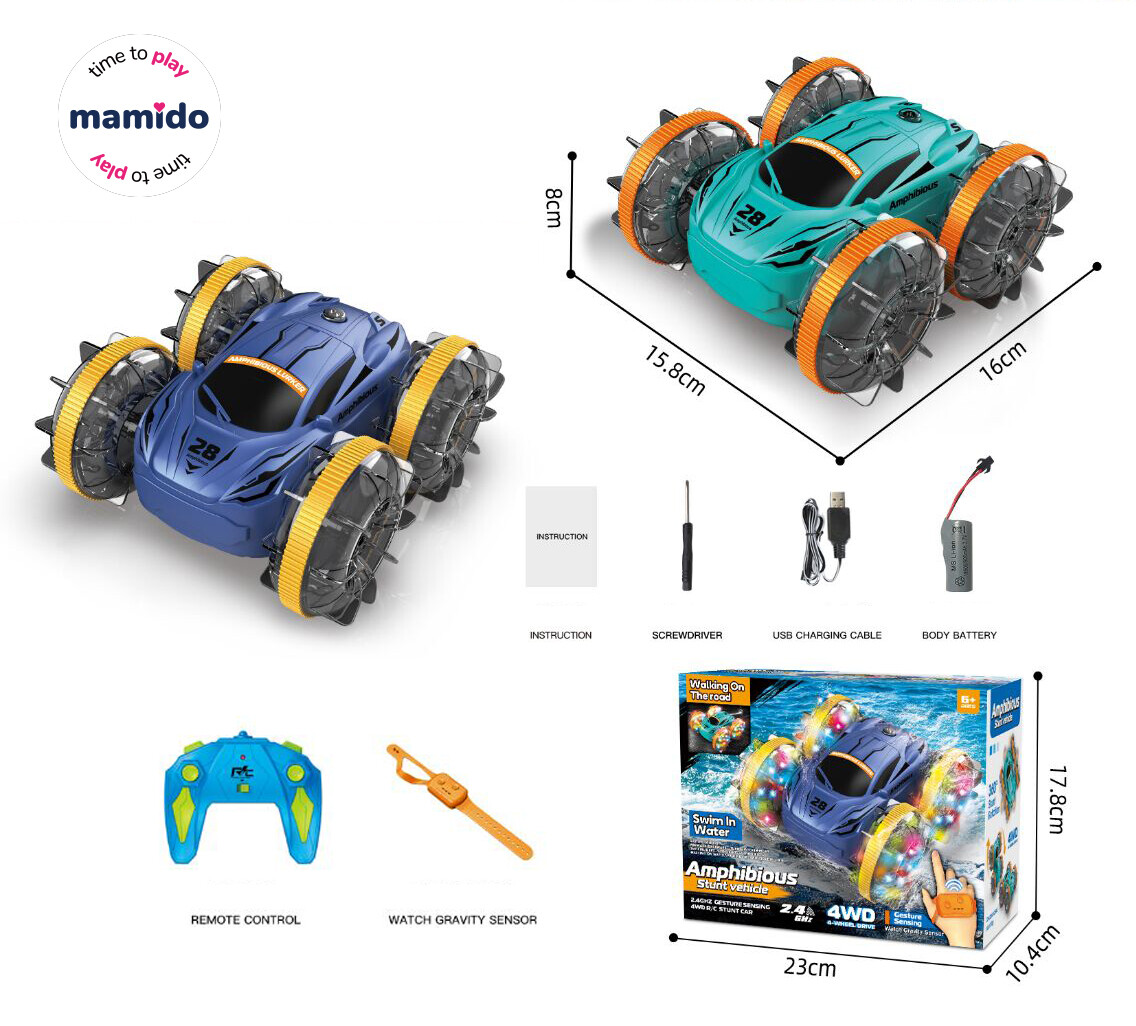 Mamido Mamido Oboustranné autíčko na dálkové ovládání Amphibious ovládání gesty rukou do vody 2 ovladače modré MT1394 RC