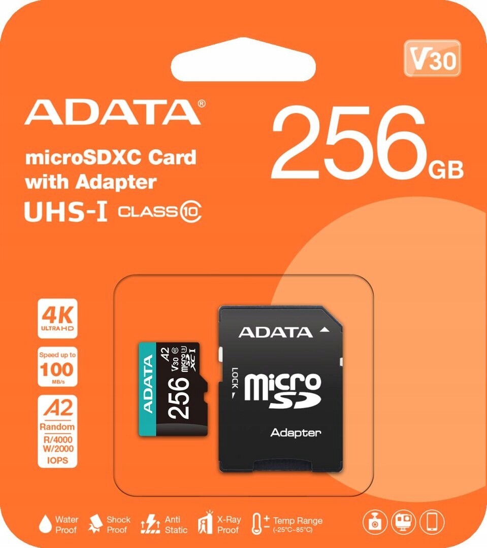 Adata Paměťová karta microSD Premier Pro 256 Gb UHS1 U3 V30 A2 adaptér