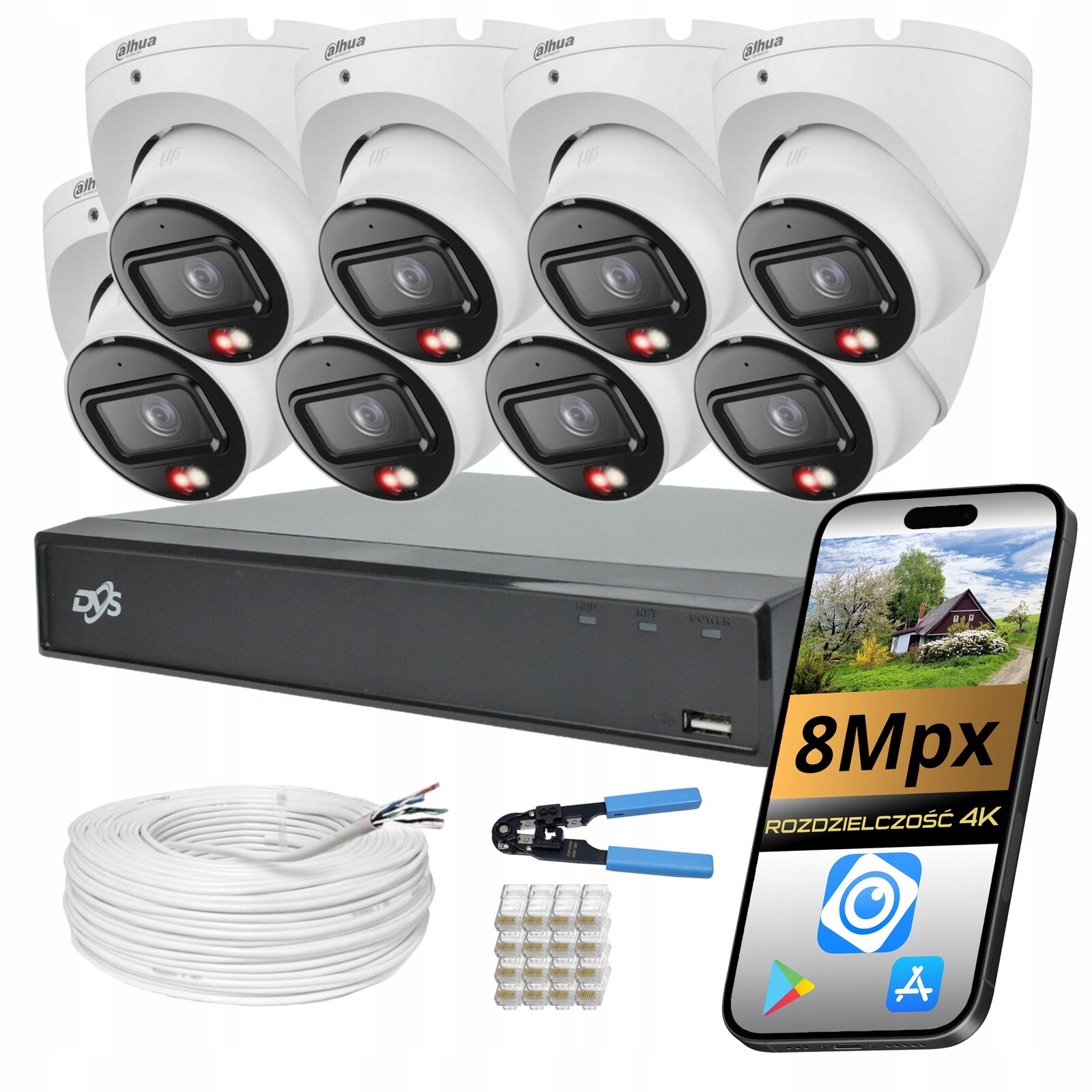 Sada Monitorování 8 Kopulovitých Kamer Dahua Ip Poe Ultra Hd 8 Mp Funkce Ai