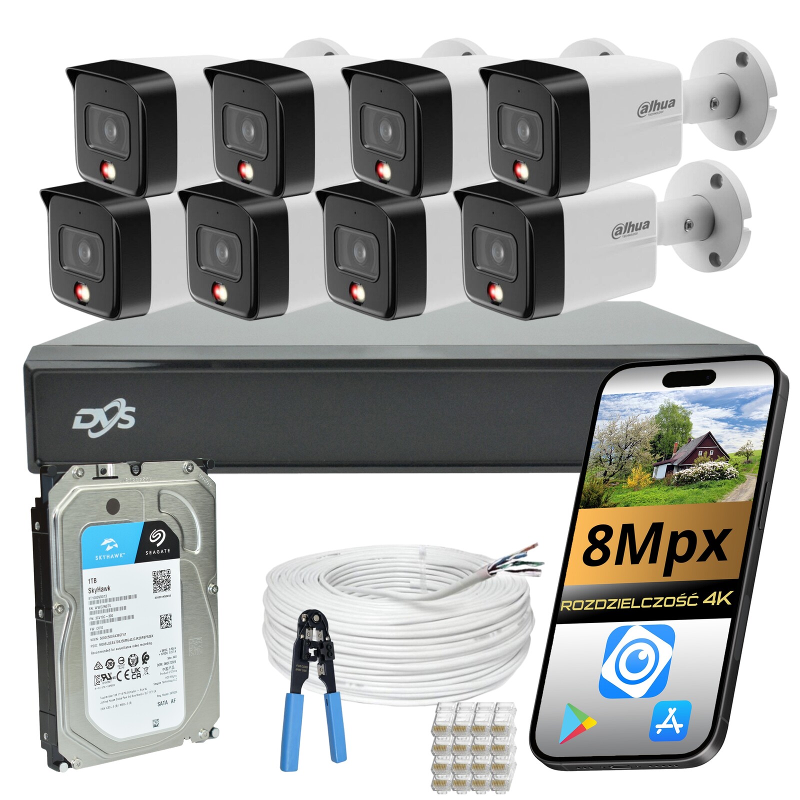 Sada Ip Kamer Dahua 8MPX Pro Monitorování Domácnosti 8x Ip Kamera Poe Ai Disk 1TB