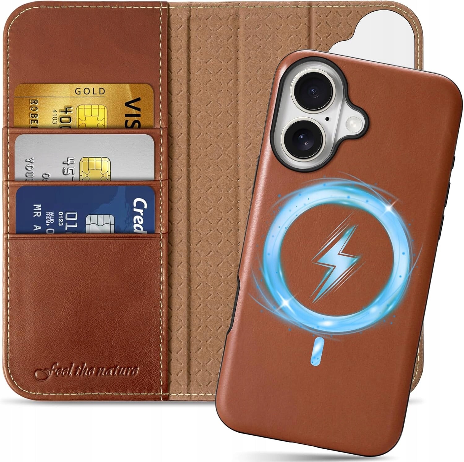 Shieldon přírodní kožené Pouzdro s klopou pro iPhone 16 Rfid 2v1, hnědé