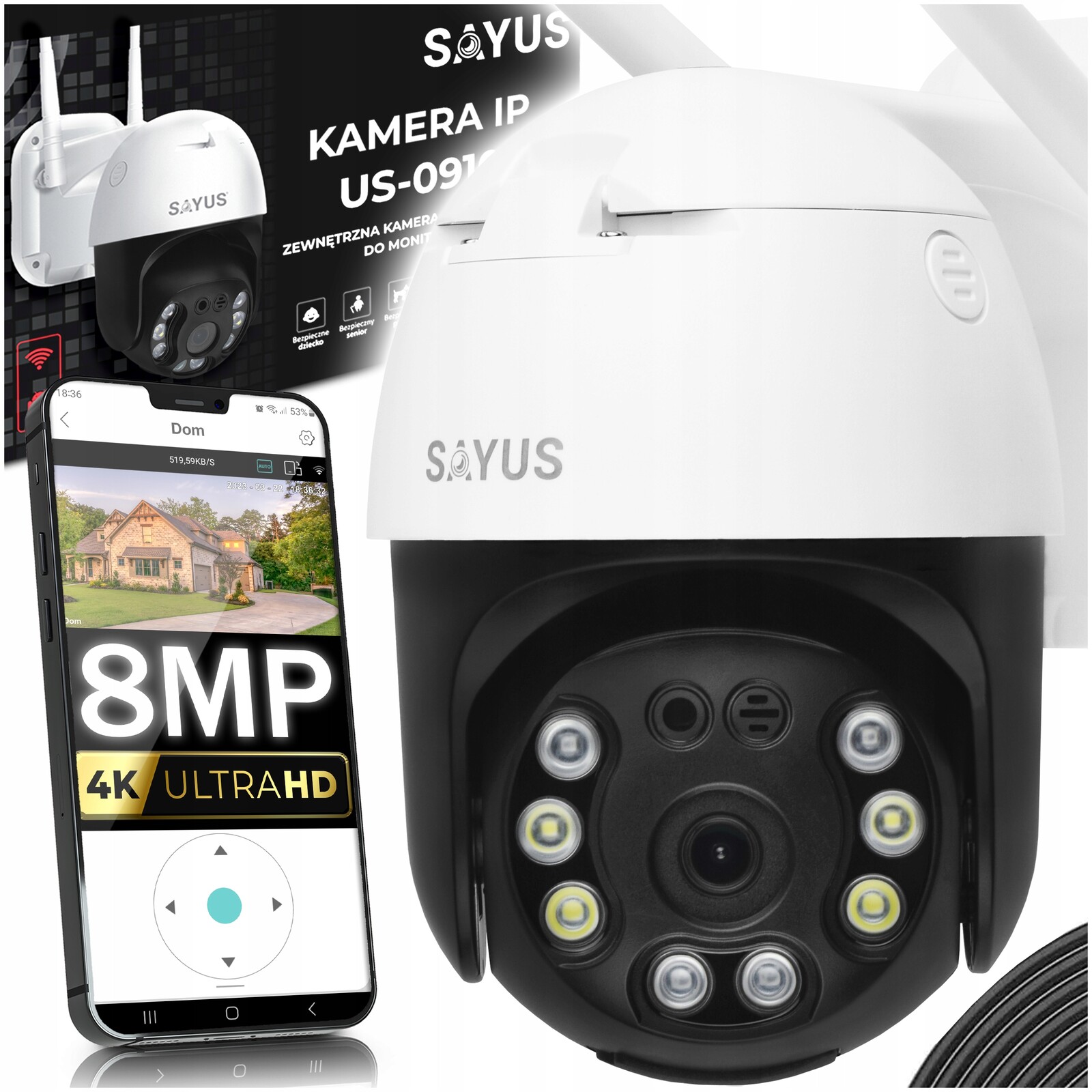 Otočná Venkovní Kamera 8MPx 4K Ultra Hd Ip WiFi 6xZOOM Detekce 8MP