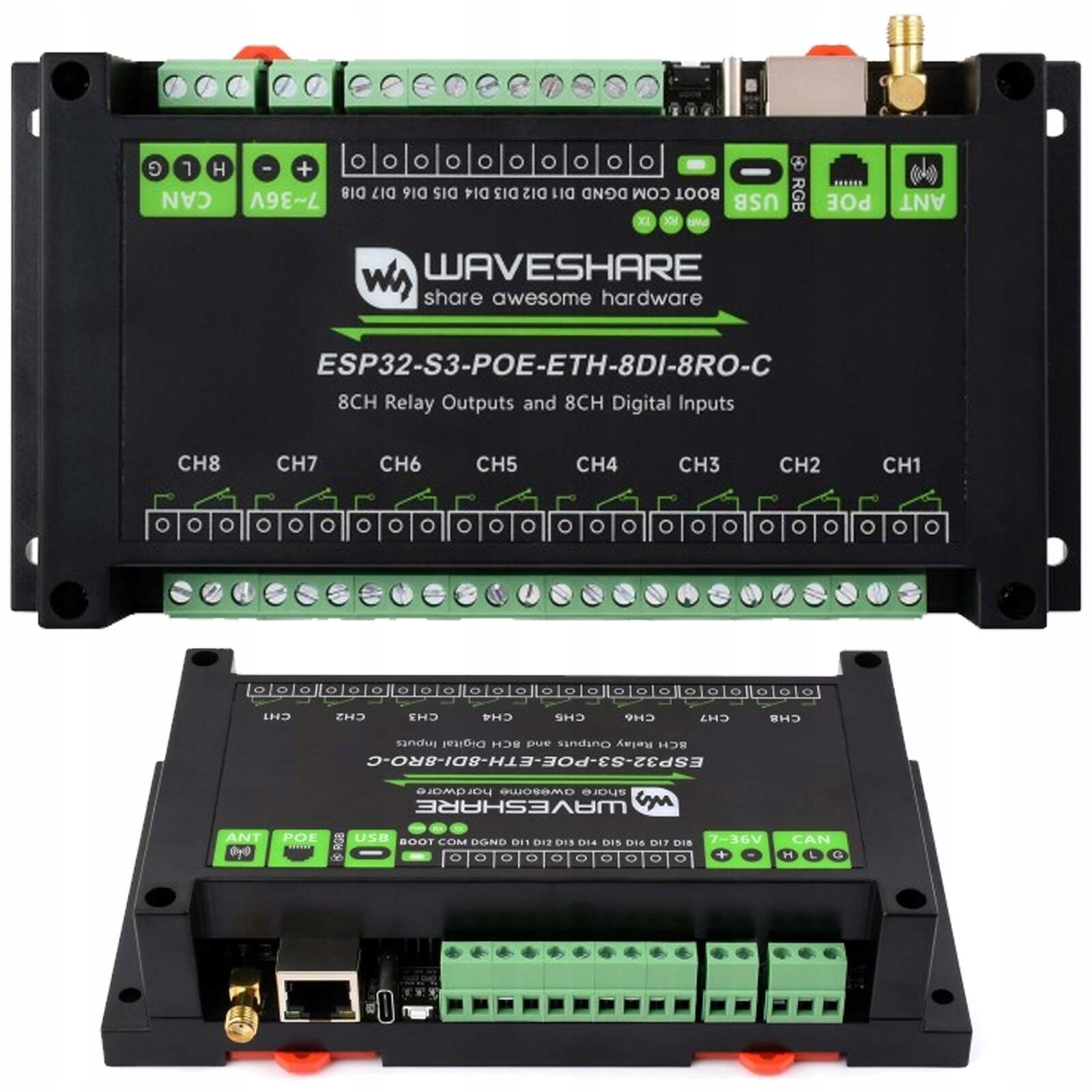 ESP32-S3 Waveshare reléový modul 8 kanálů Wi-Fi izolovaný Can PoE