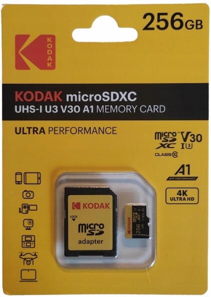 Rychlá paměťová karta Kodak 256 Gb microSD Sdxc Uhs-i U3 V30 A1 4K adaptér