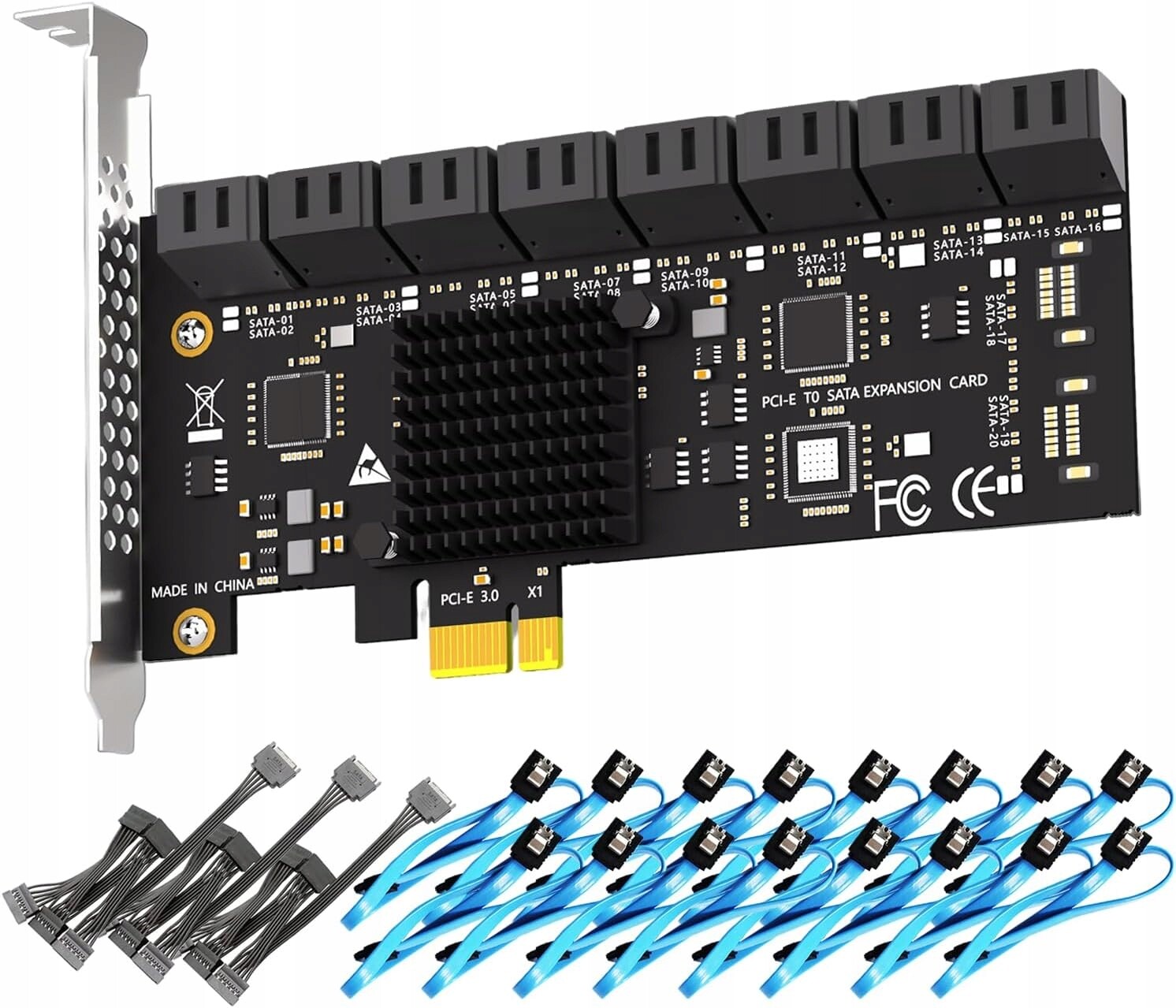 16-PORTOVÁ Rozšiřující Karta Pcie X1 Sata S Kabely Sata A Napájením Pc