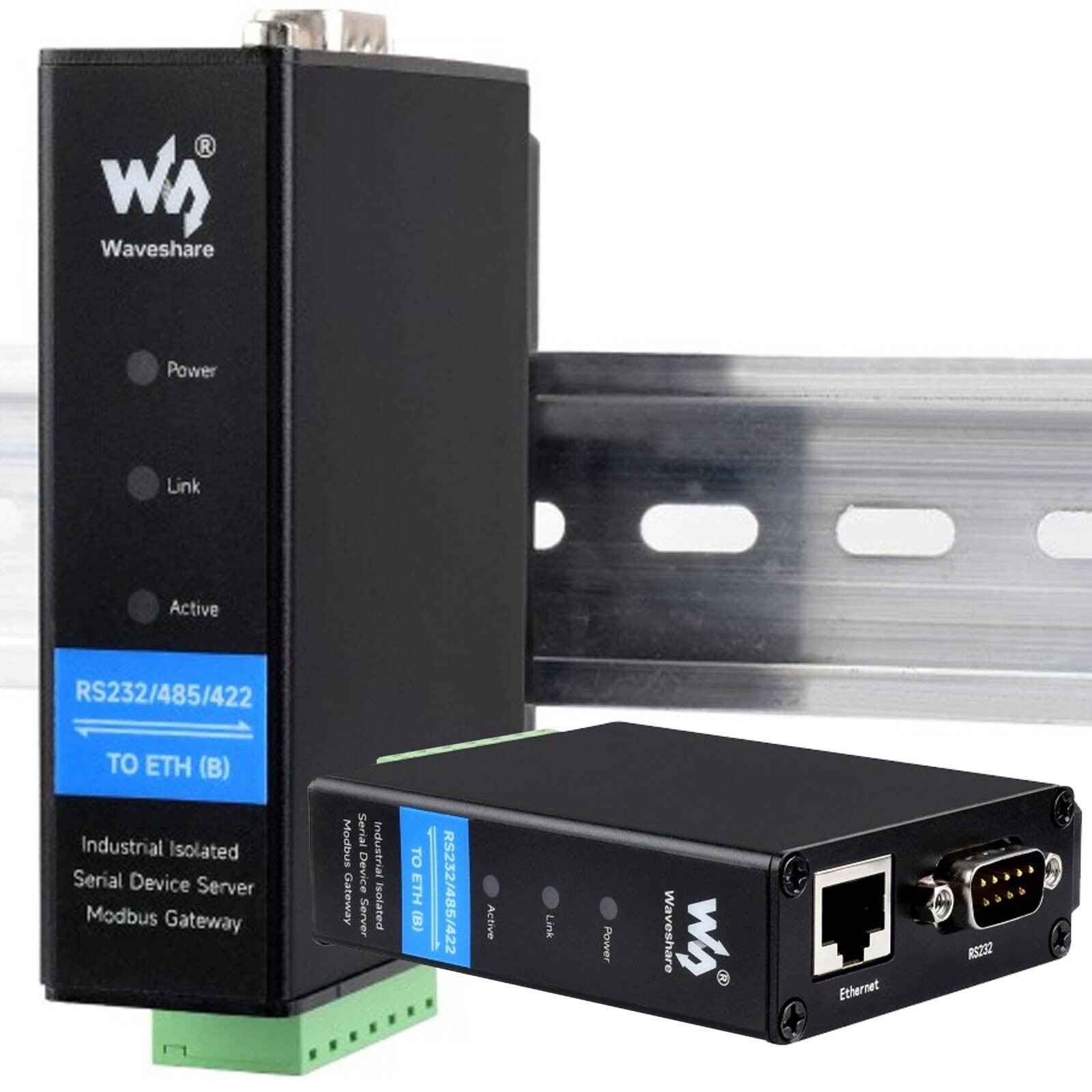 Převodník RS232 RS485 RS422 Ethernet RJ45 Waveshare průmyslový izolovaný