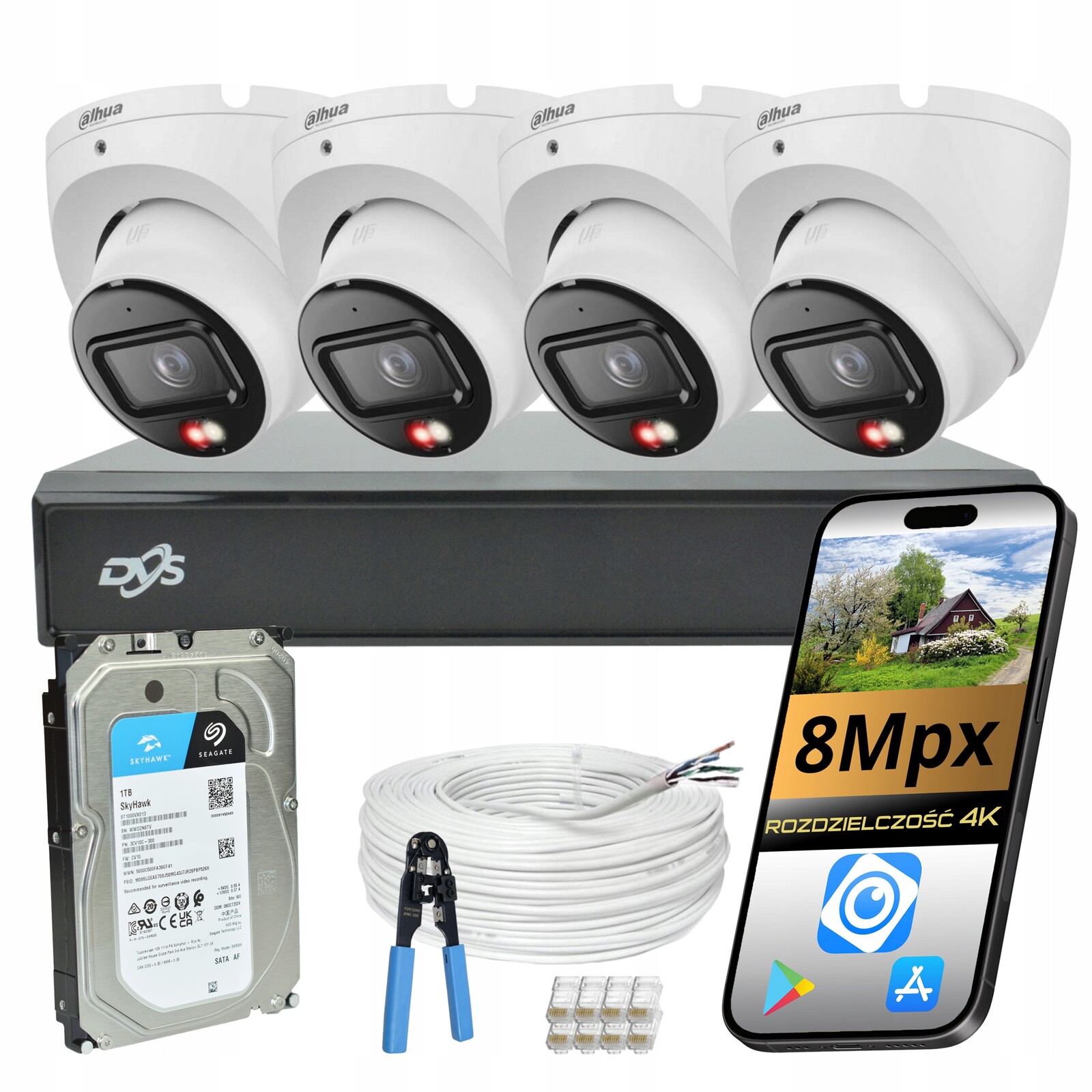 Sada Kamer Dahua 4 Kopule Pro Monitorování Domácí Kanceláře Ip Poe 8Mpx Ai 1TB