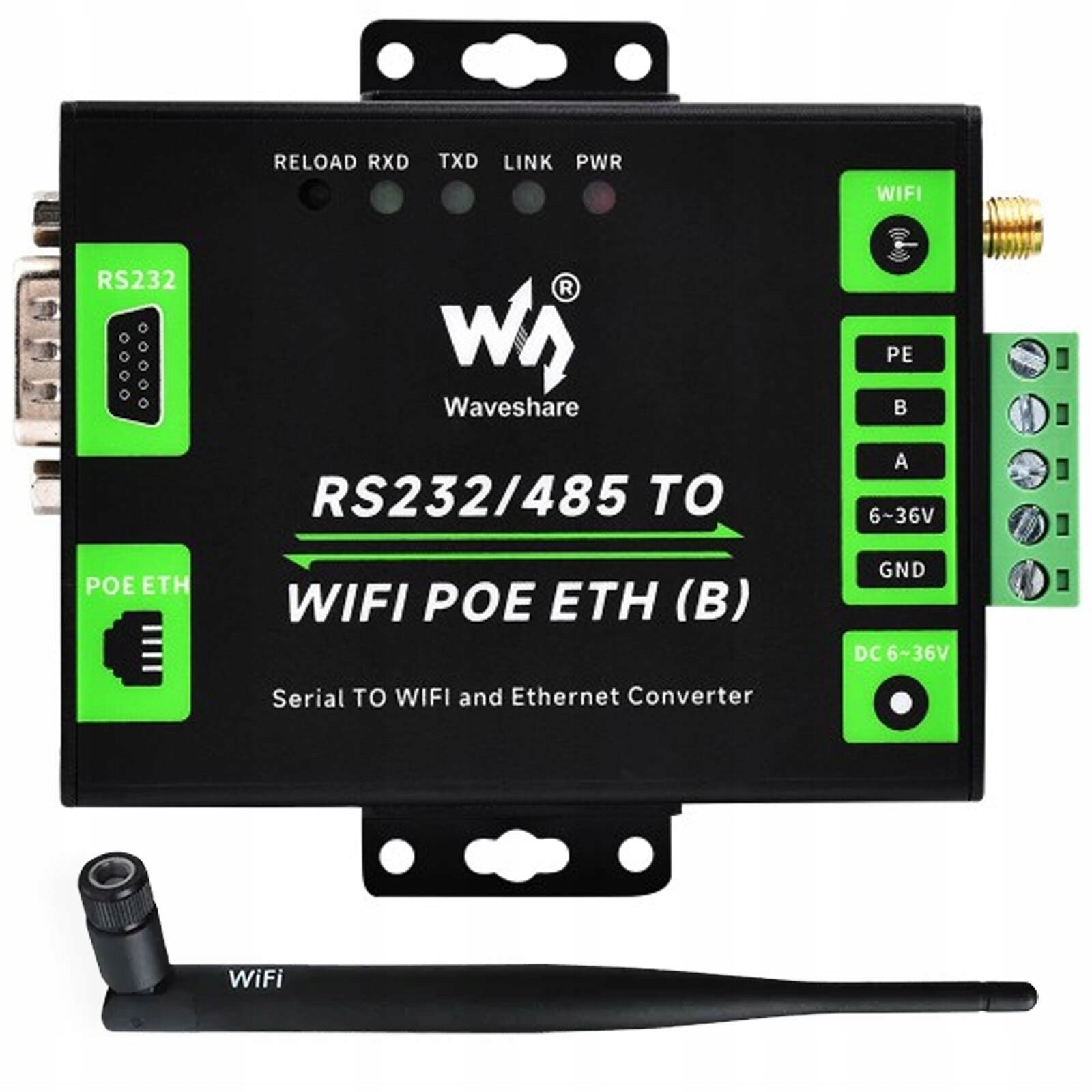 Převodník RS232 RS485 WiFi Ethernet PoE Waveshare izolovaný modbus Mqtt