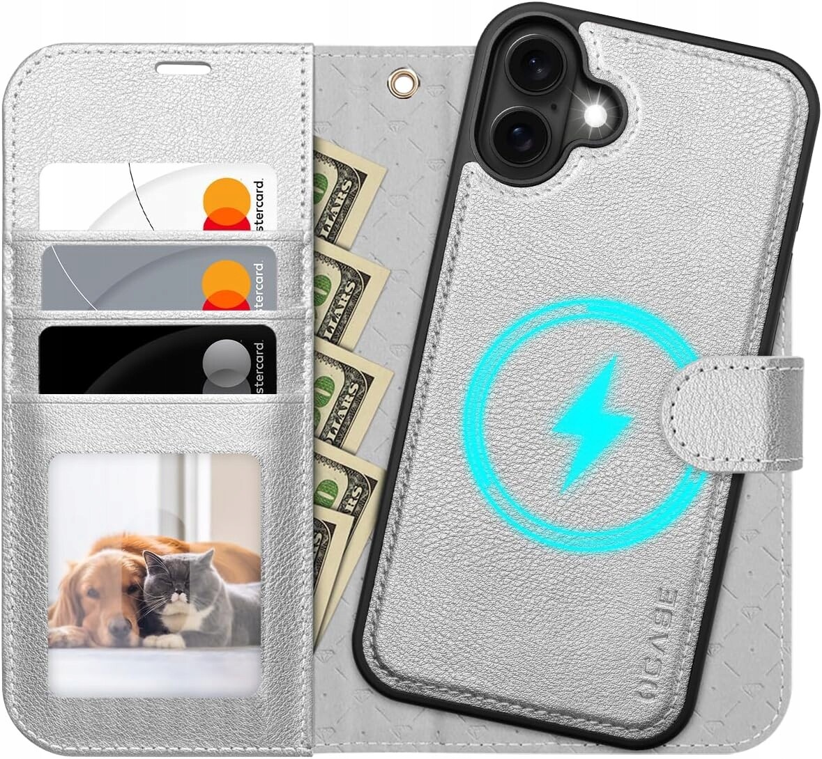 Ocase kožené pouzdro pro iPhone 16 Magsafe, stojan, stříbrná peněženka 2v1 pásek