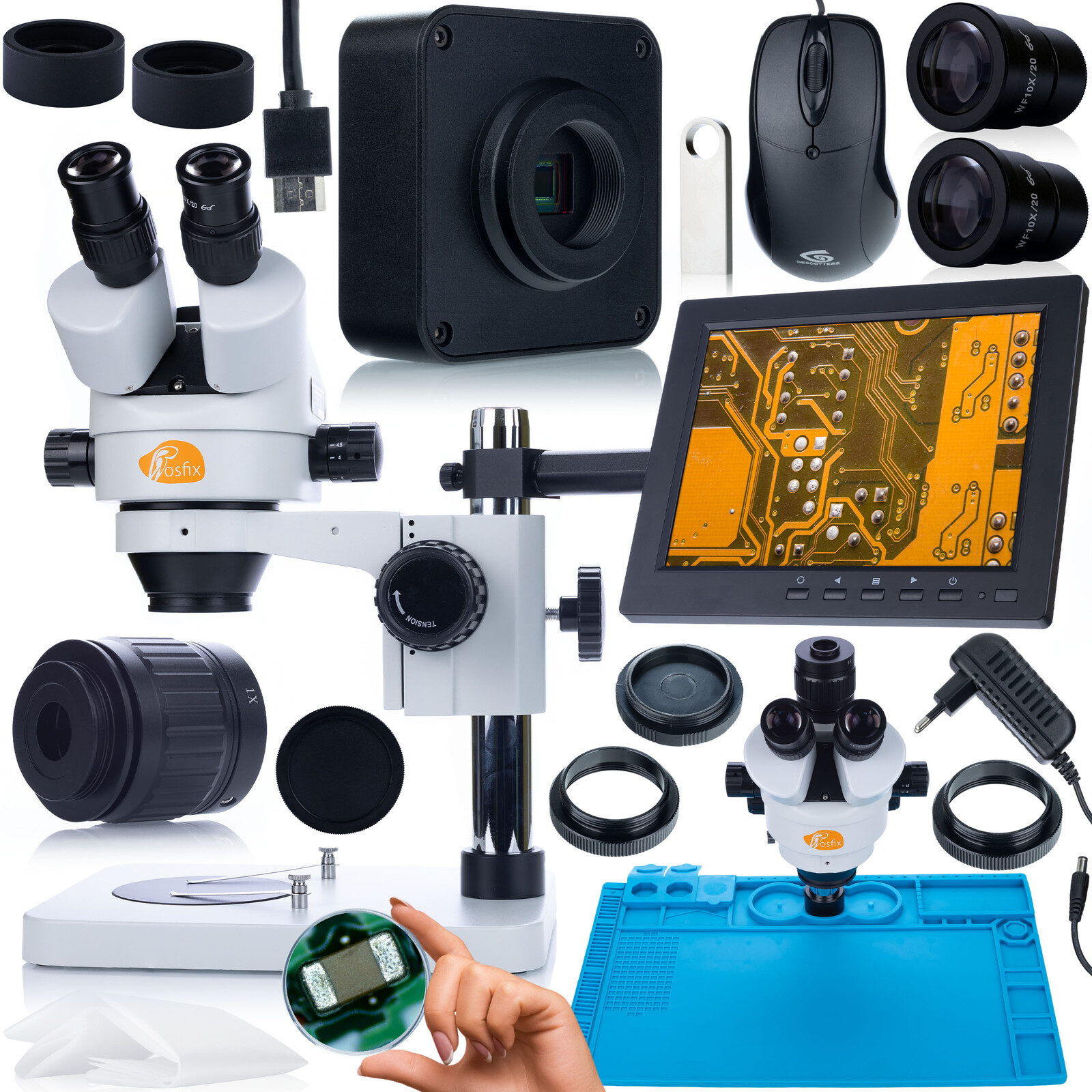 Sada Optických Mikroskopů Mercury Kamera 16MP Hdmi Podložka Držák Displej