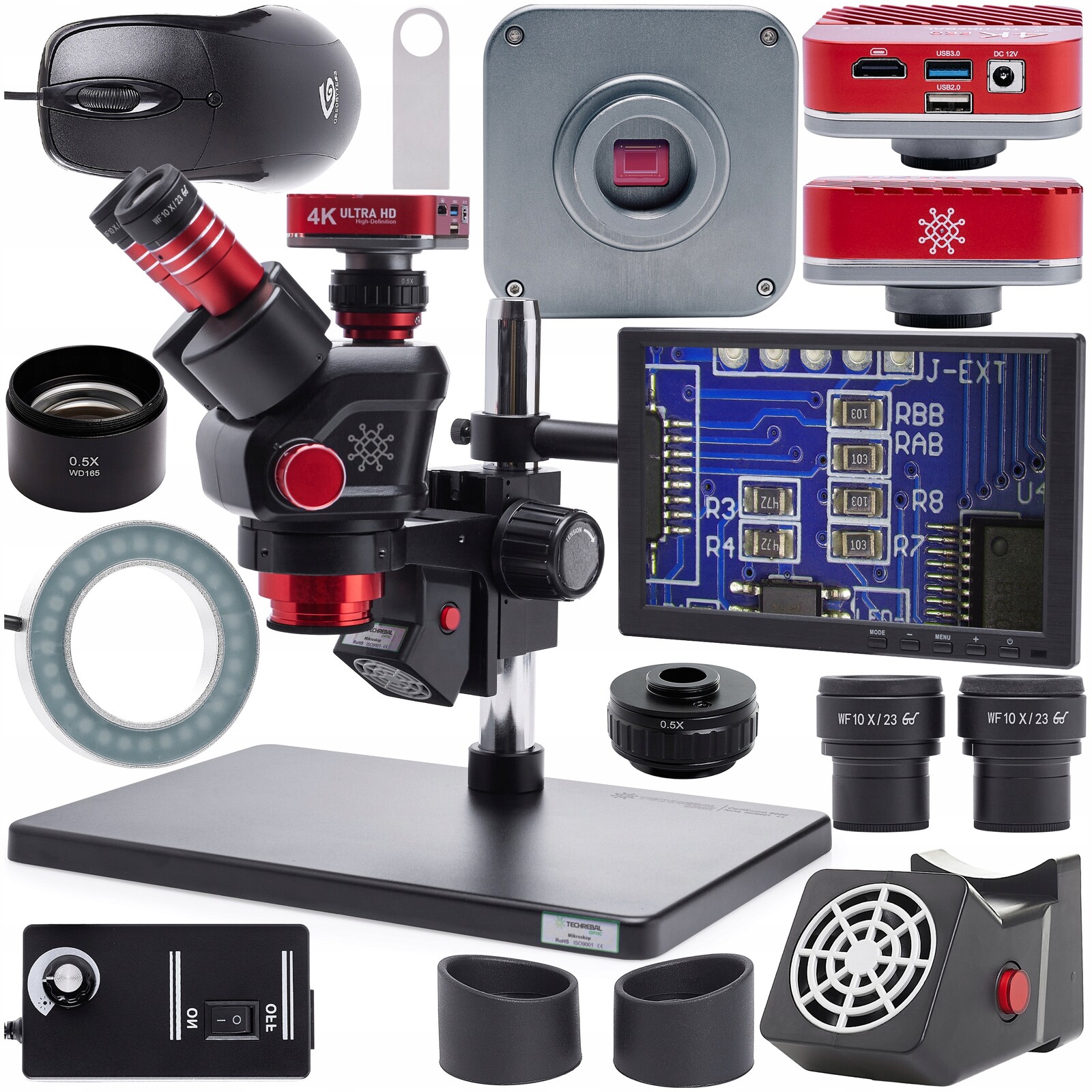 Optický Mikroskop 6,5-58x kamera světlo obrazovka 8