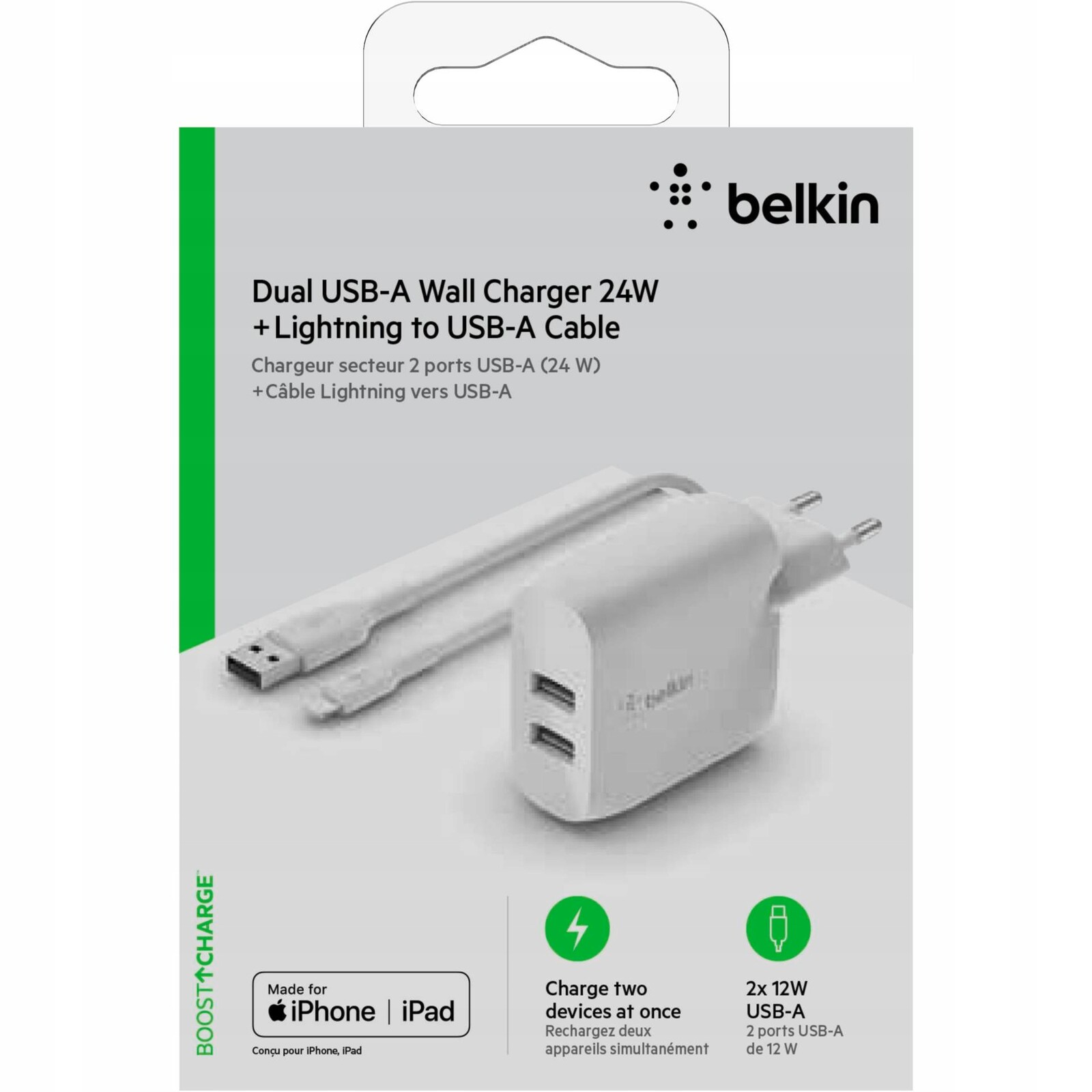 Belkin Dual Usb-a nabíječka, 24W s kabelem Lightning 1 m, bílá
