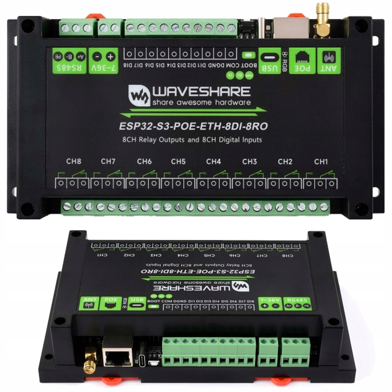 ESP32-S3 Waveshare reléový modul 8 kanálů Wi-Fi Ethernet PoE RS485