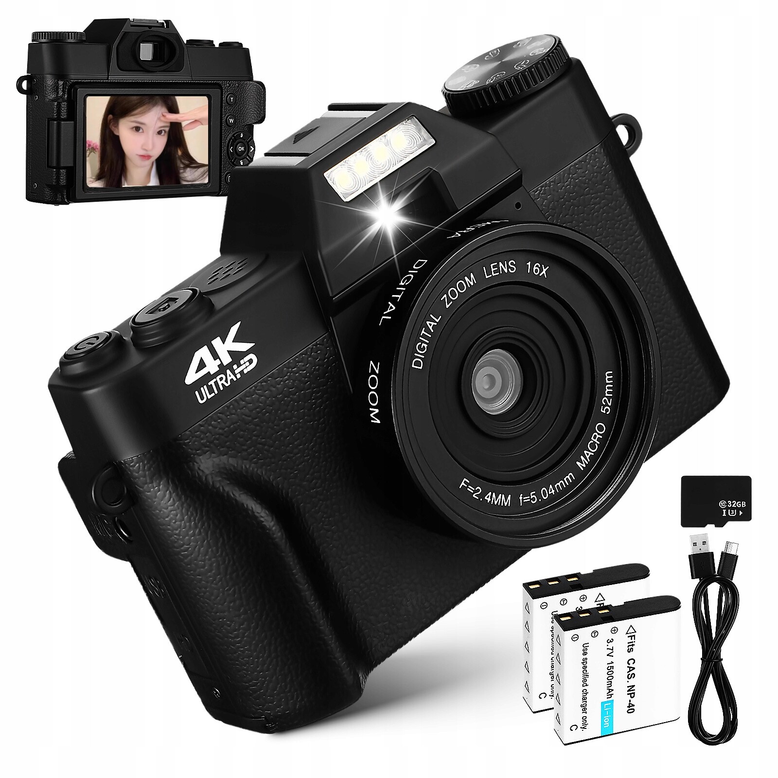 Uhd 4K 75MP Digitální Fotoaparát S 16X Zoomem A 32GB Paměťovou Kartou Pro Vlogery A Selfie