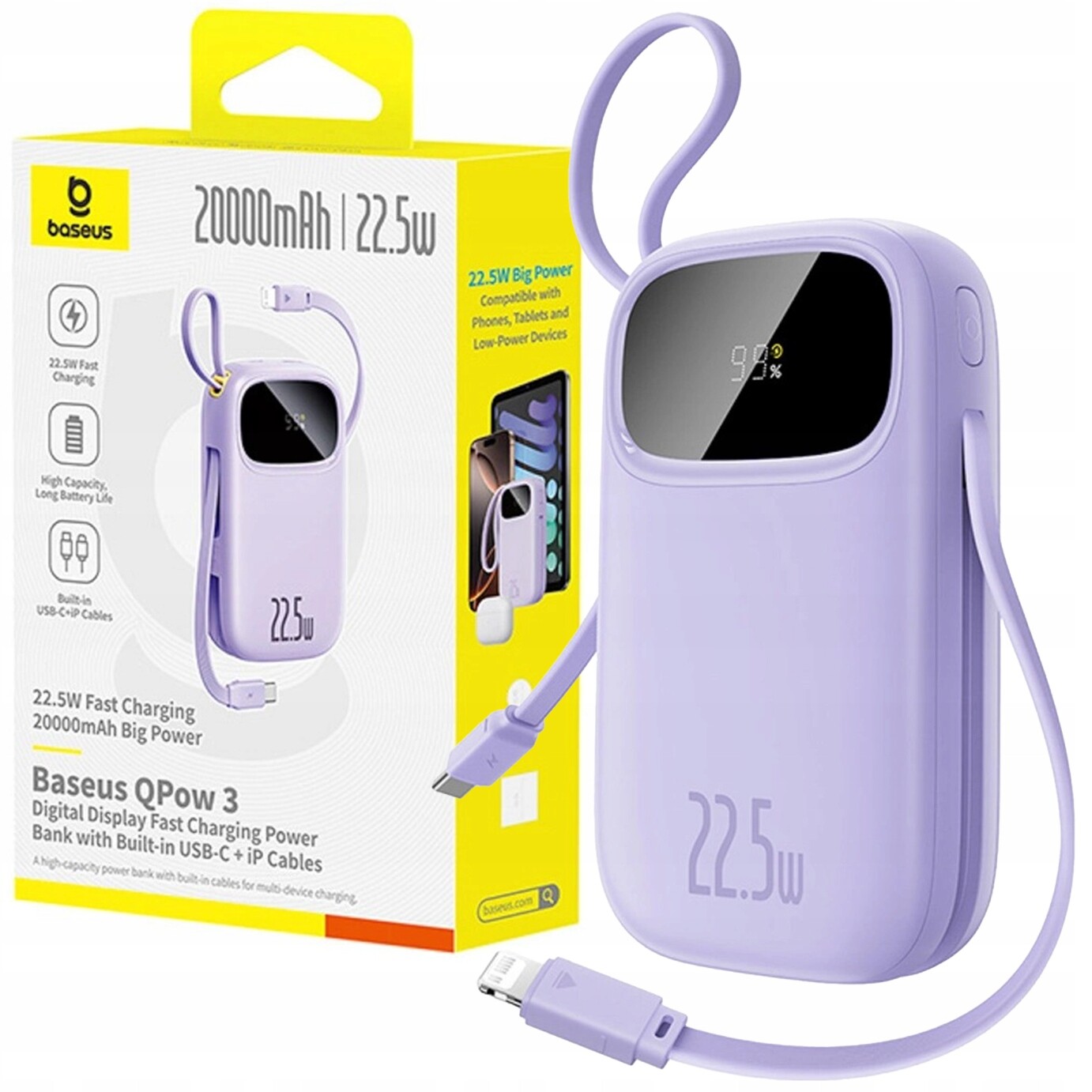 Powerbanka Baseus 20000 mAh 22.5W Usb-c Usb-a Vestavěné Kabely Usbc Lightning