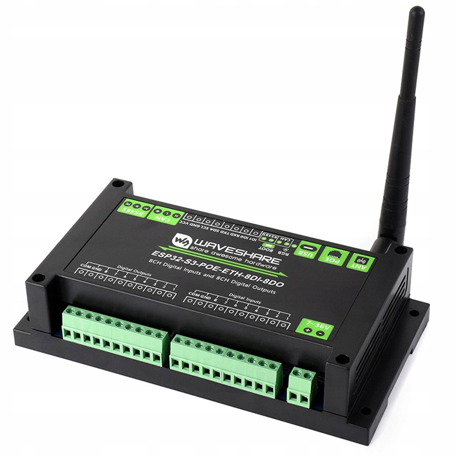 ESP32-S3 Waveshare izolovaný převodník 8CH I/o RS485 Can Ethernet PoE Rtc