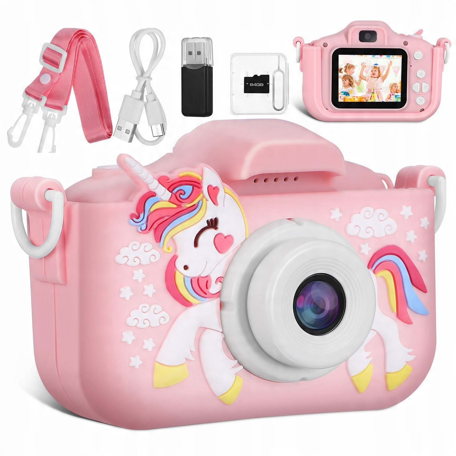 Dvojitý Digitální Fotoaparát Pro Děti Se Selfie Full Hd Jednorožec 64GB Karta