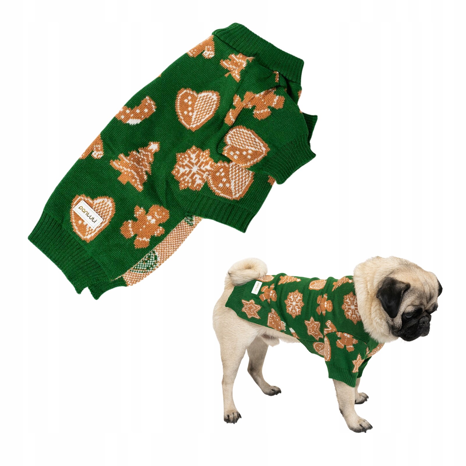 Teplý elastický vánoční svetr pro psa, zelený, s perníky Oli L