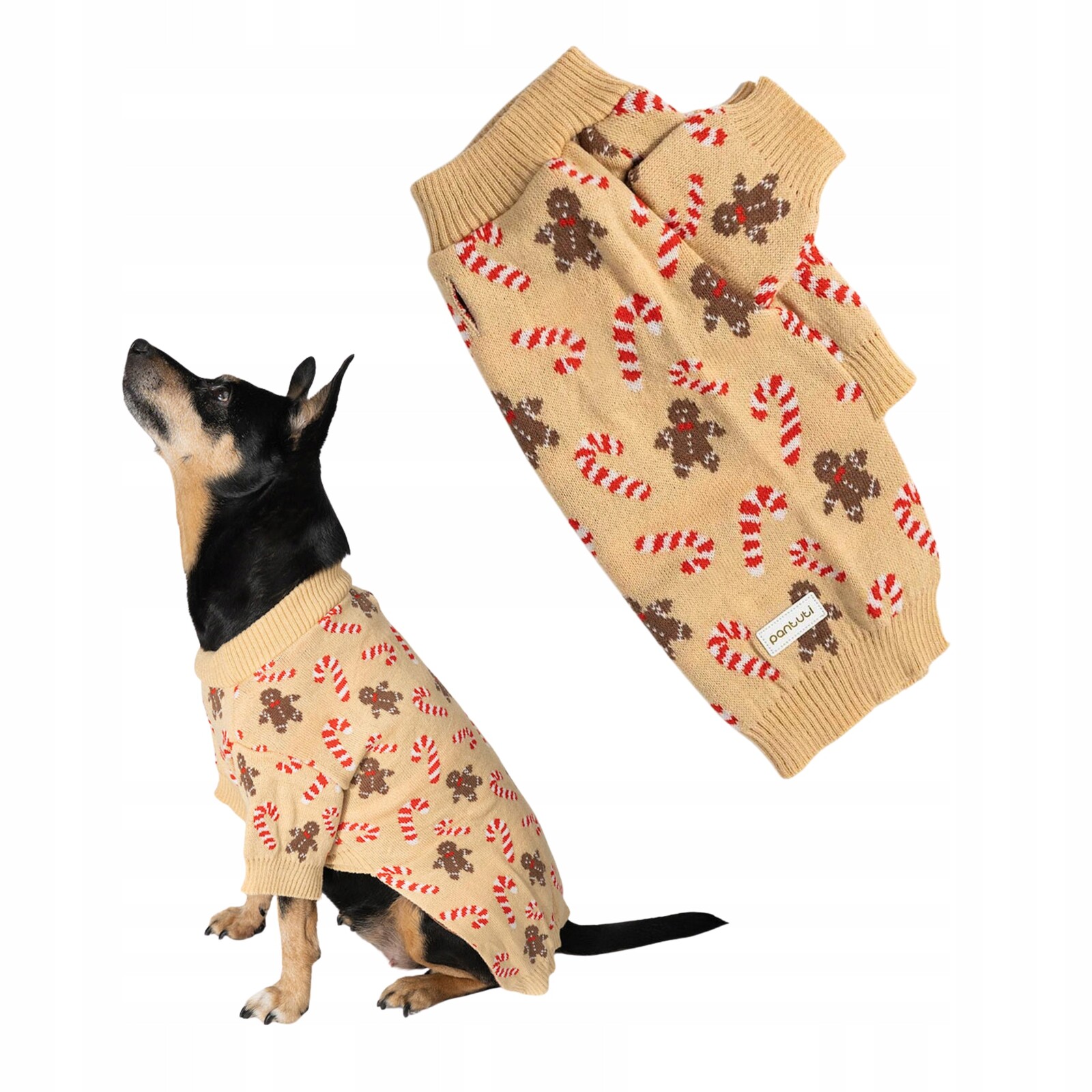 Teplý elastický vánoční svetr pro psa béžový s perníky Marcipán M