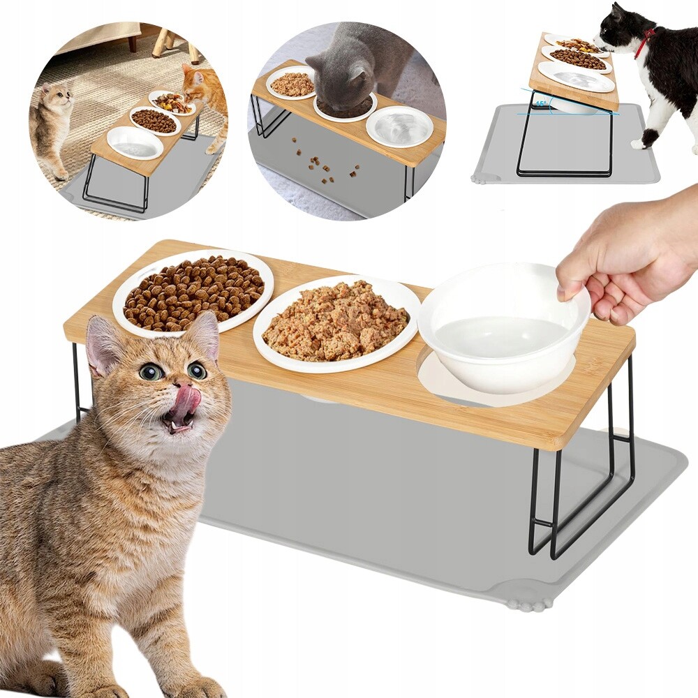 Tříkeramická Miska Na Stojanu Dřevěná Pro Psa Kočku Misky 3x 300 ml