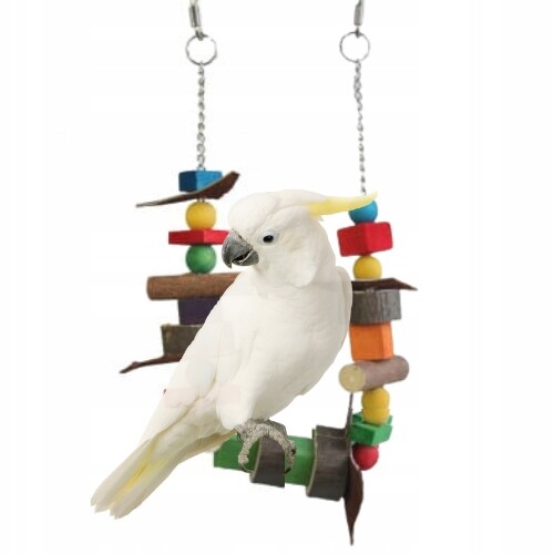 Dvojitě zavěšená dřevěná hračka pro větší a střední papoušky