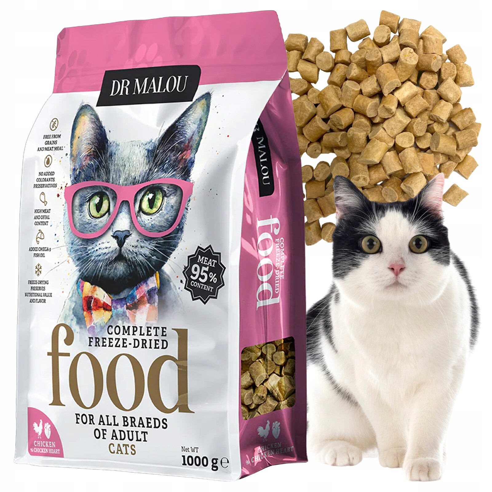 Dr. Malou lyofilizované krmivo pro kočky s kuřecím a slepičím masem 1 kg pro dospělé kočky