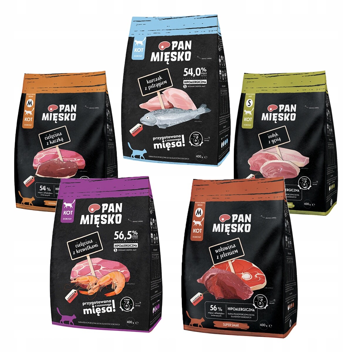 Pan Mięsko Krmivo suché pro kočky Zkušební Balíček MIX Chutí 5x400g