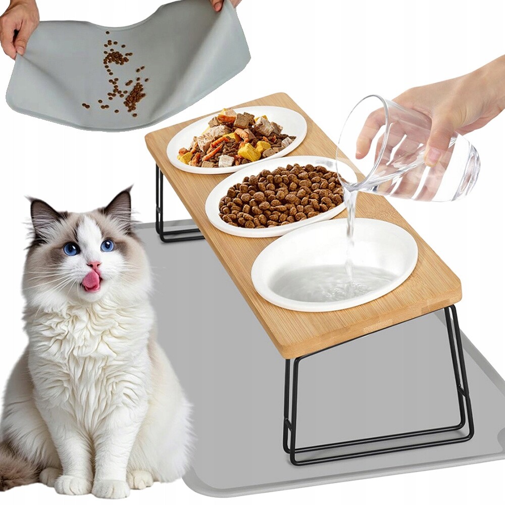 Keramická Miska Tři Pro Psa A Kočku 3 Misky Dřevěná Základna 3x300 ml