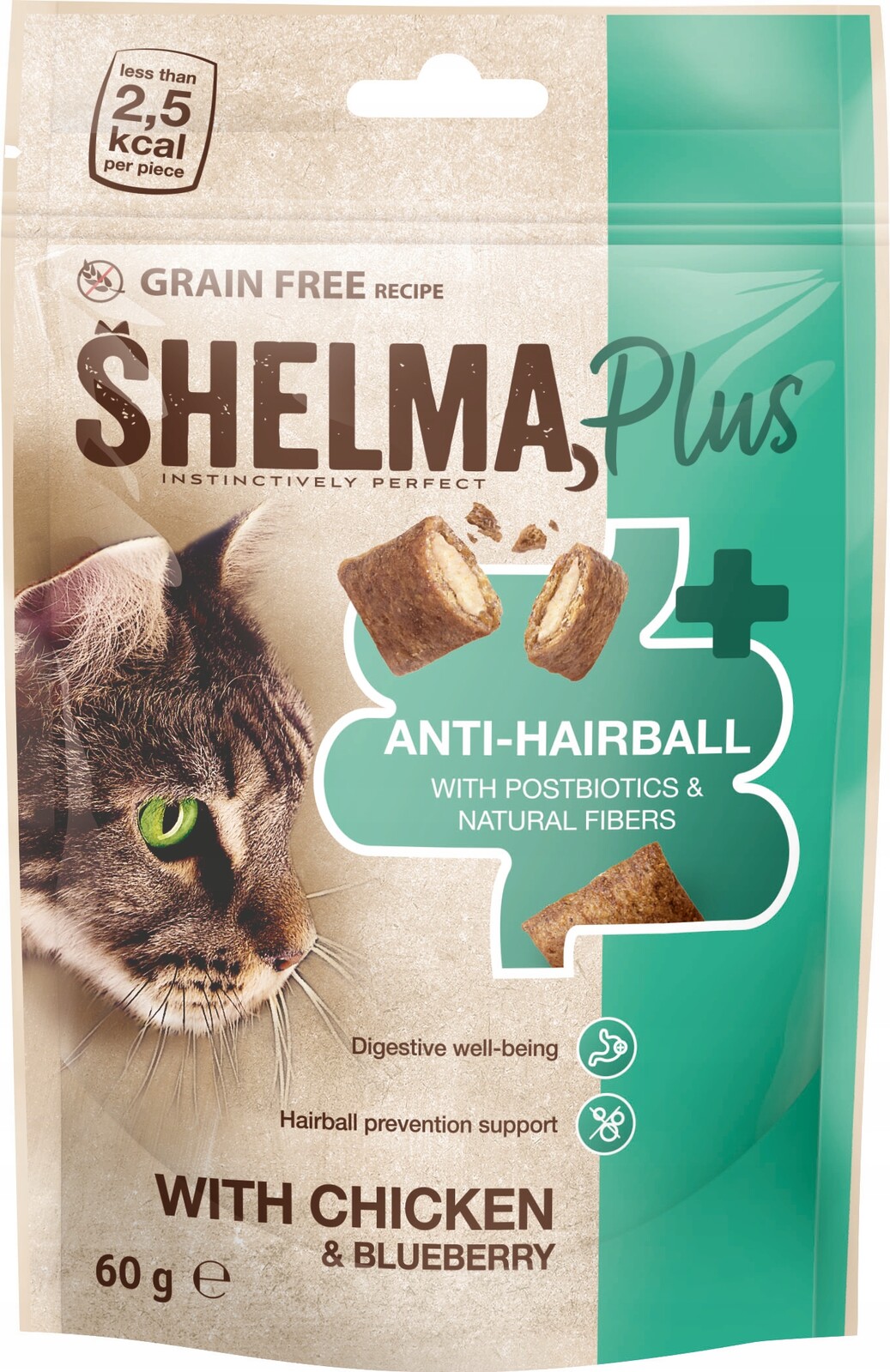 9X Shelma Anti Hairball pamlsek pro kočky s kuřecím masem a borůvkou 60 g