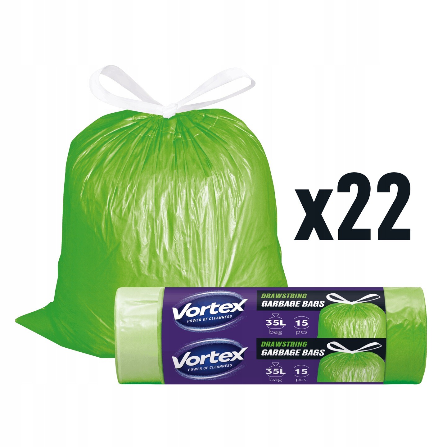 Vortex sáčky s páskou Hdpe 51×53 cm zelené 35 l/15 ks (22 × 15 ks) 330 ks
