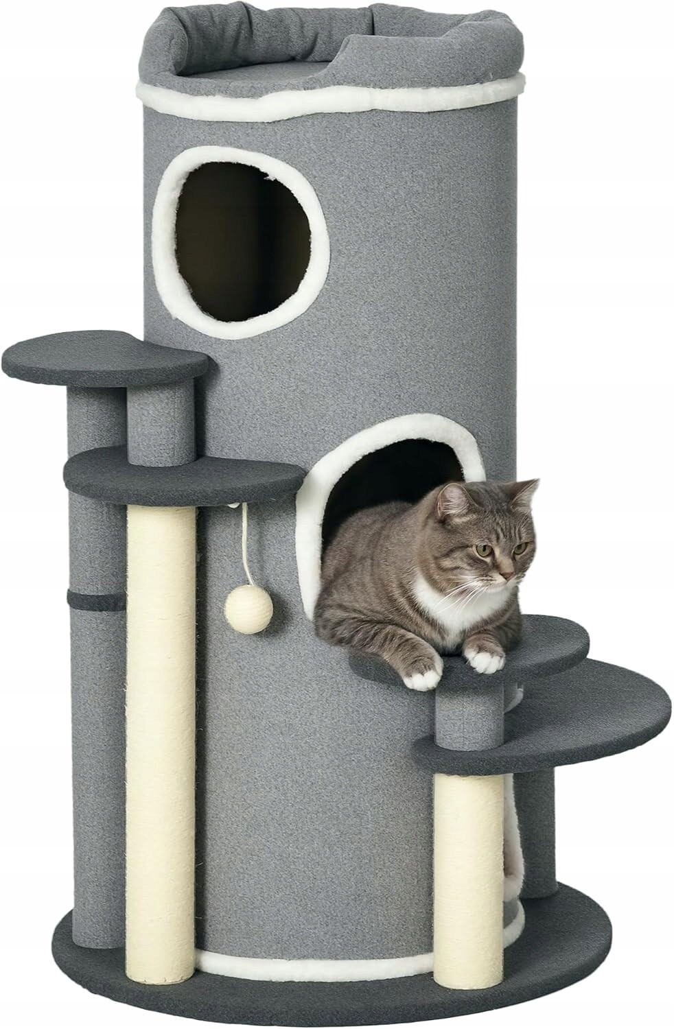 Škrabadlo PawHut 99 cm šedé 2 jeskyně 4 plošiny sloupy sisal kočky