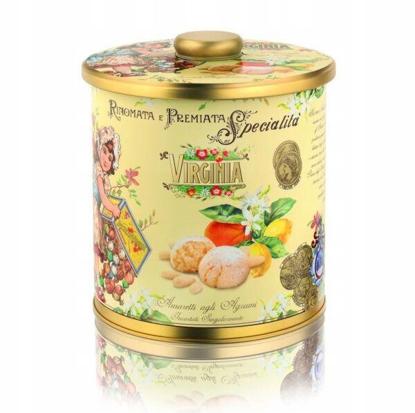 Makronky Amaretti Citrusová kovová krabička „Tondo“ 220 g Virginia