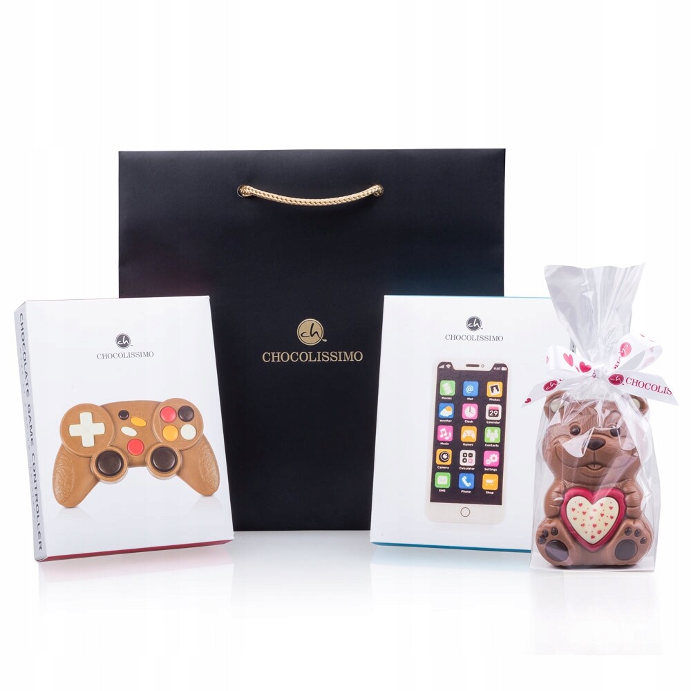 Dárková sada čokoládové figurky Telefon Pad Medvídek z belgické čokolády