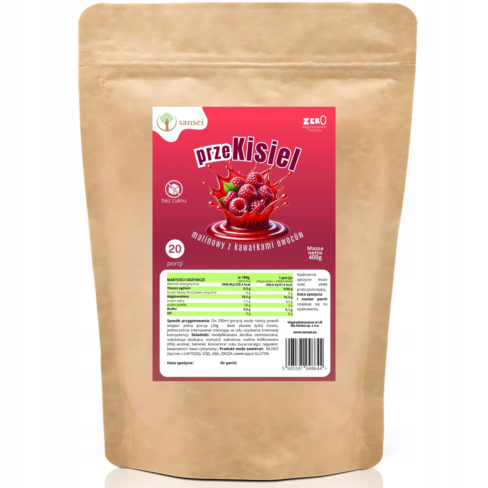 2x Kysel Bez cukru malinový s ovocem400 g – až 10 porcí! Fit pouze 48 kcal