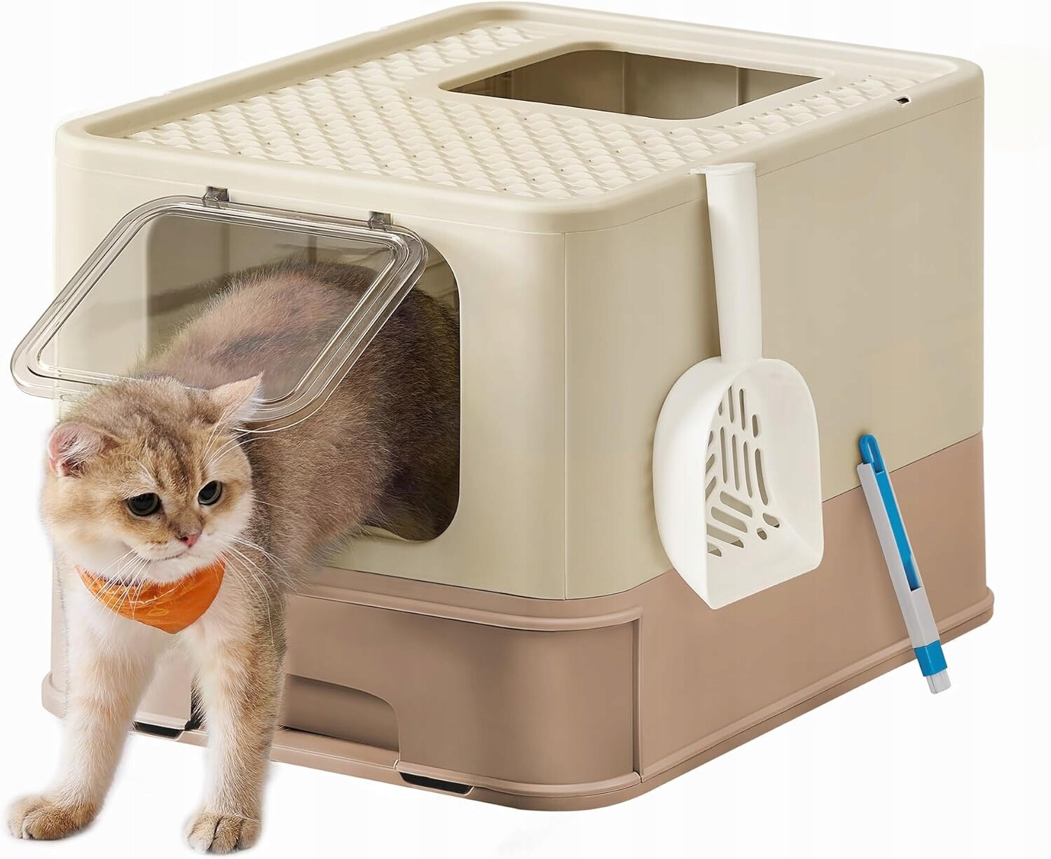 Toaleta pro kočky s víkem, výsuvný podnos, lopatka, kartáč do 15 kg, béžová barva