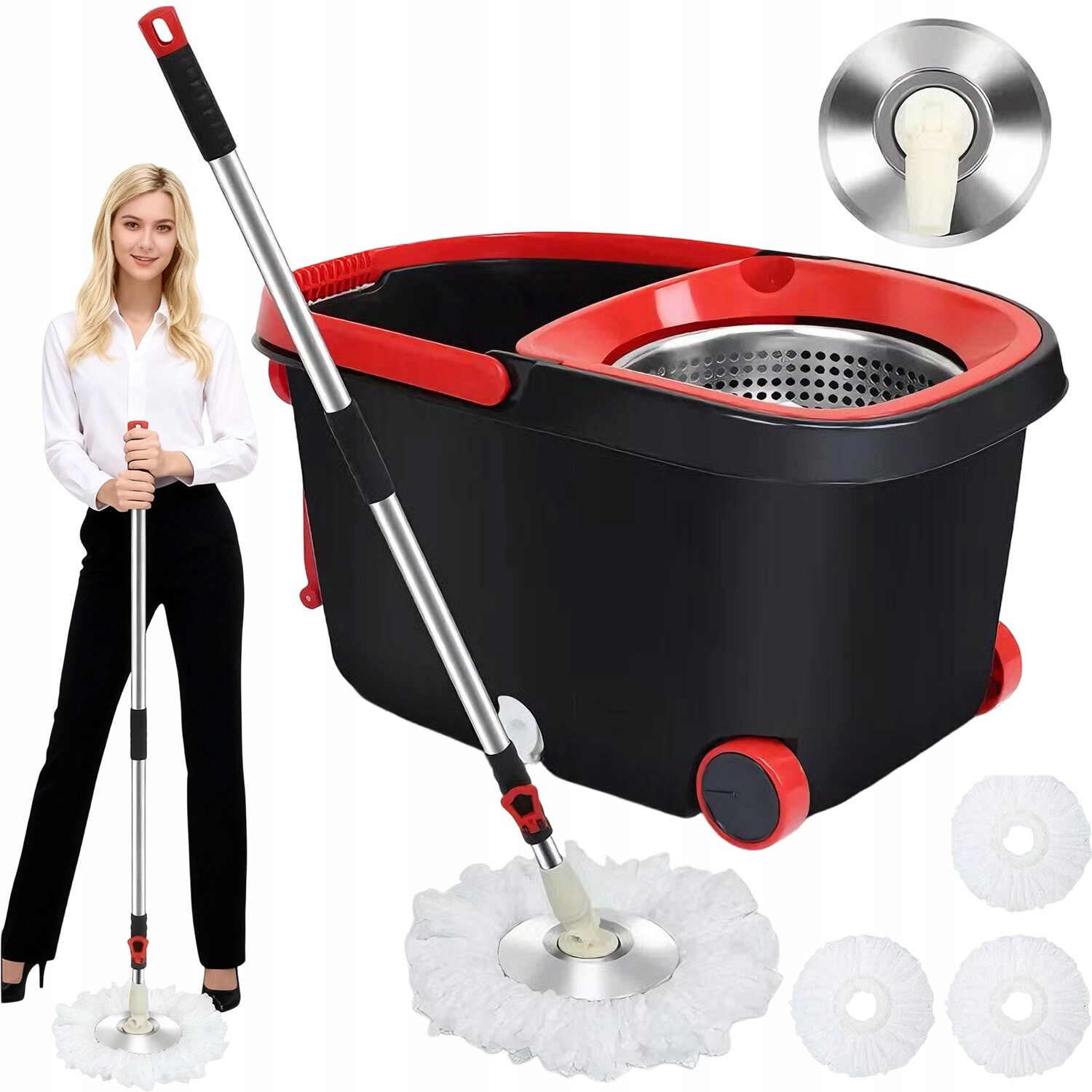 Rotační rotační mop 360 Turbo Spin 2v1 Velký kbelík 3 Vyměnitelné nástavce