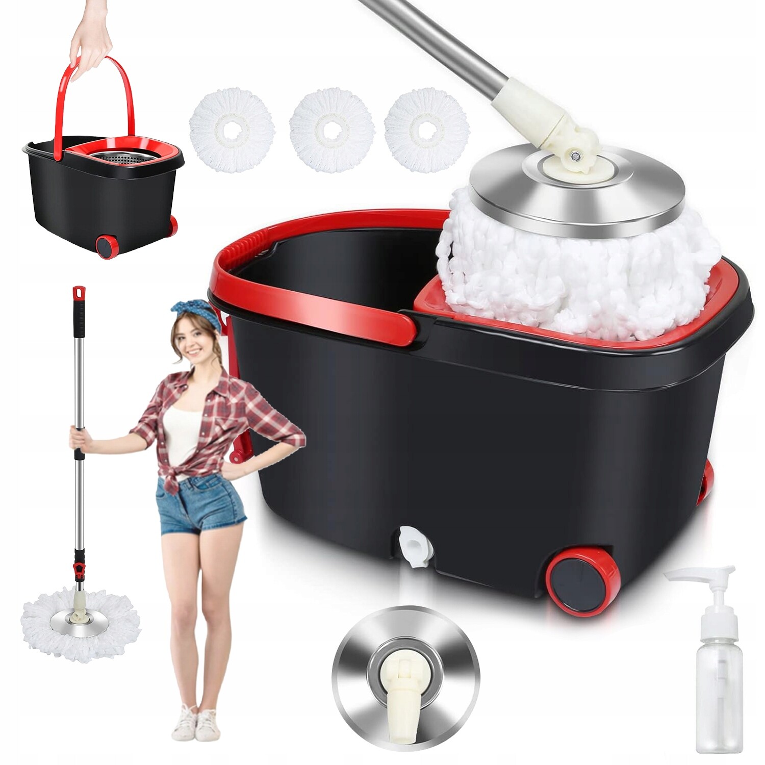 Rotační Mop 360 Turbo Spin 2V1, Velký Kbelík 3 Vyměnitelné Nástavce