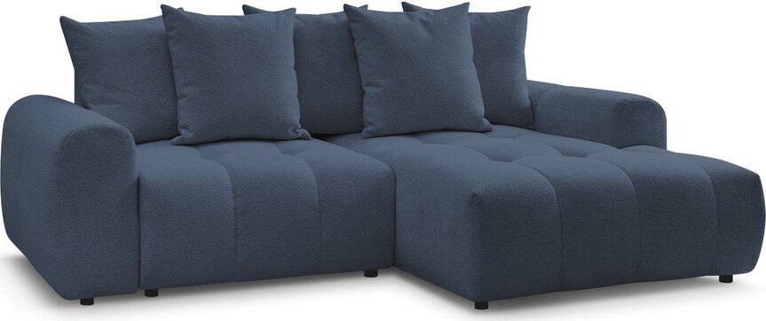 Modrá žinylková rozkládací/s úložným prostorem rohová pohovka (pravý roh/s lenoškou) Roxelane – Bobochic Paris