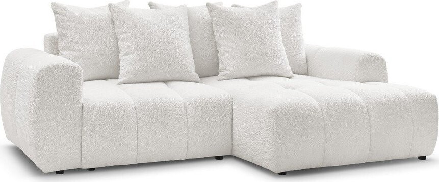 Bílá rozkládací/s úložným prostorem rohová pohovka z textilie bouclé (pravý roh/s lenoškou) Roxelane – Bobochic Paris