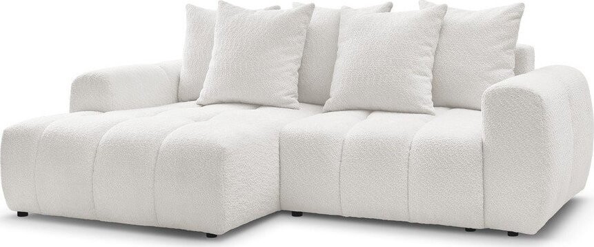 Bílá rozkládací/s úložným prostorem rohová pohovka z textilie bouclé (levý roh/s lenoškou) Roxelane – Bobochic Paris