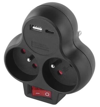 Emos Rozbočovací zásuvka 2×, vyp., 1×USB-A+1×USB-C, černá P0078